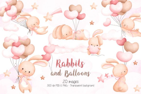 Download Watercolor Rabbit Girl and Balloons - Rabbit Collection